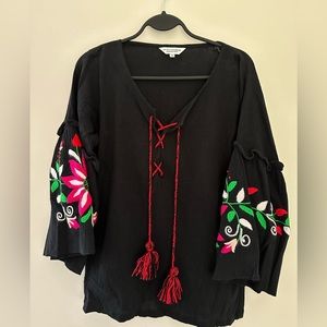 Black, gauzy, embroidered tunic by Sensistudio. Size M